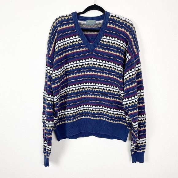 Vintage Descente Men's Sz XL 3D Knit Striped Grandpa Style Navy Maroon Sweater - Picture 1 of 8